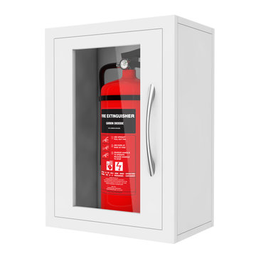 Red Fire Extinguisher in a Wall Mounted Emergency Storage Box. 3d Rendering