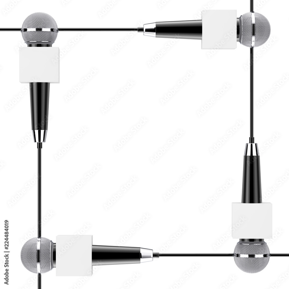 Poster microphones with blank boxes as frame with blank space for your design. 3d rendering