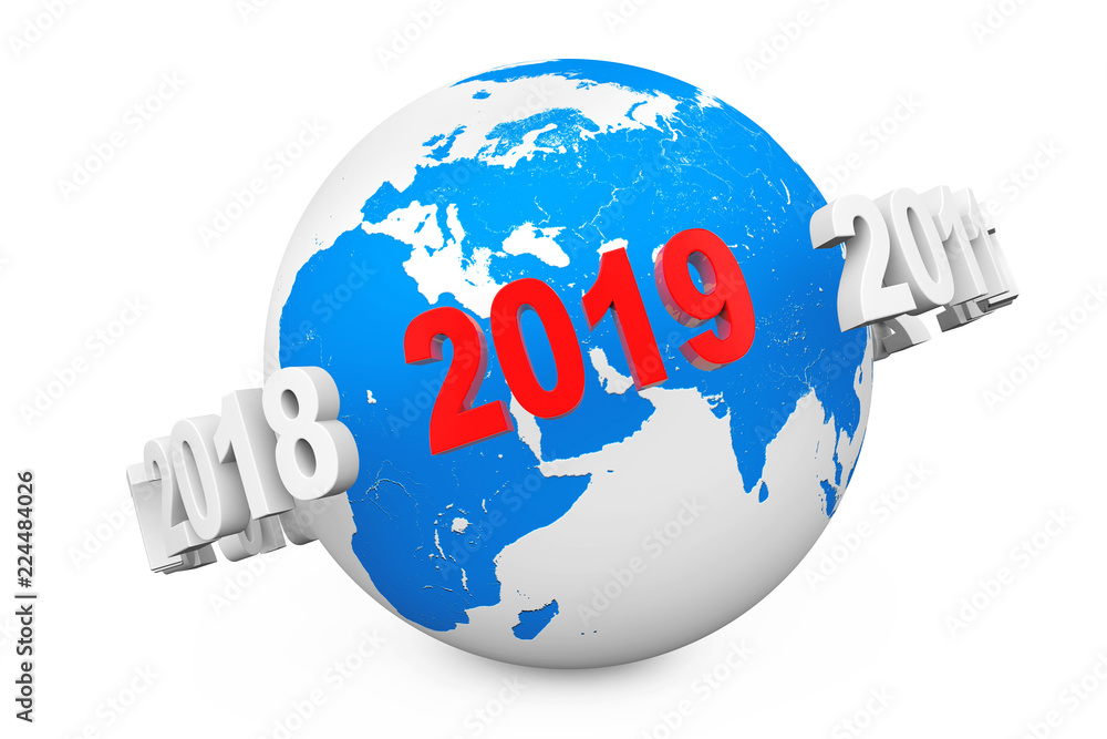 Poster New Year Concept. 3d number 2019 around Earth Globe. 3d Rendering