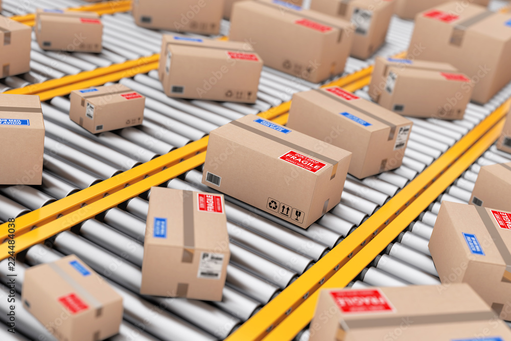 Poster many parcel cardboard boxes over roller conveyor lines. 3d rendering