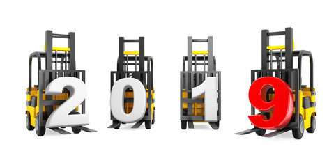 Forklift Trucks with 2019 New Year Sign. 3d Rendering