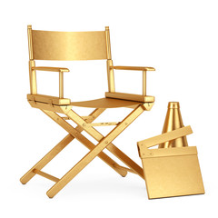 Obraz premium Golden Director Chair, Movie Clapper and Megaphone. 3d Rendering