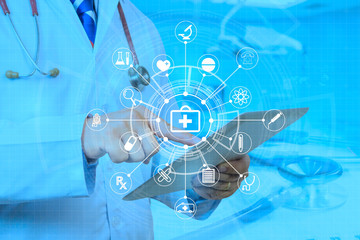 Double exposure,Healtcare,medical,Doctor use tablets computer,Medical Diagnosis And prepare for...