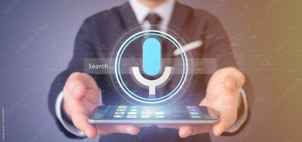 Poster businessman holding a vocal search system with button and icon3d rendering
