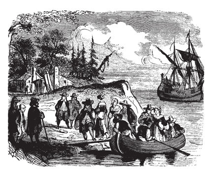 Landing of the Dutch settlers on Manhattan Island,vintage illustration.