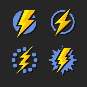 Thunder and Bolt Lighting Flash Icons Set. Flat Style on Dark Background. Vector