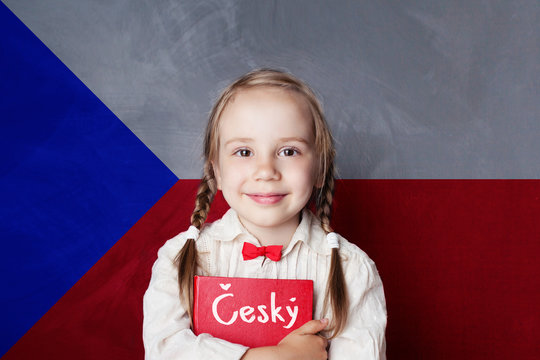 Czech concept with little girl student with book against the Czech flag background. Learn language