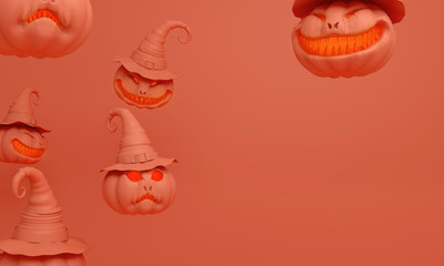 Smiling orange pastel pumpkin head jack o lantern with  witches hat, copy space text. Design creative concept for  happy Halloween festival, 3D rendering illustration. 