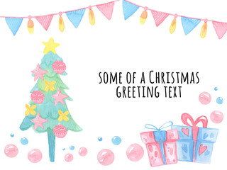 watercolor cartoon illustration. Template of postcard, banner. Decorated Christmas tree, flags, bulbs, gifts, balls