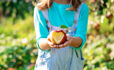 Child with an apple. Selective focus. Garden.