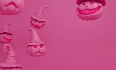 Smiling pink pastel pumpkin head jack o lantern with  witches hat, copy space text. Design creative concept for  happy Halloween festival, 3D rendering illustration. 
