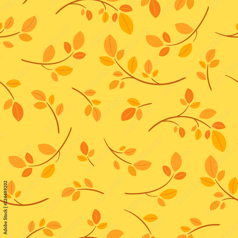 Poster abstract yellow seamless background with foliage on branches. border graphic ornament of branches fo