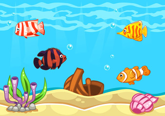 Underwater world vector illustration with algae, boat, seashell and fishes