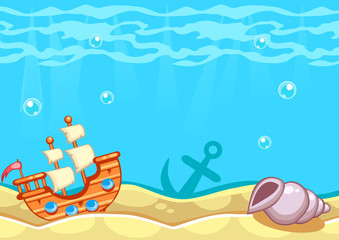 Naklejka premium Underwater vector world background with ship, seashell and an anchor