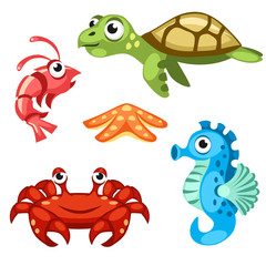 Obraz premium Set of underwater vector creatures a starfish, a sea turtle, a crab, a shrimp and a seahorse