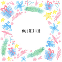 watercolor cartoon illustration. New year card template. Round frame with stars, gifts, sprigs of Christmas trees, berries, flowers, balls