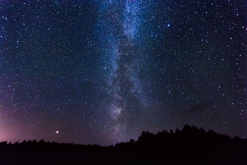 Starry sky, milky way, beautiful landscape, night time, Belarus.