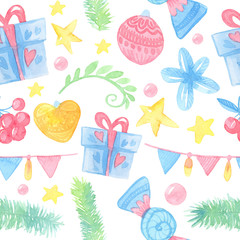 watercolor cartoon illustration. Seamless christmas, new year pattern with gifts, balls, leaves, spruce spruce, stars, lights, garland, candy, berries