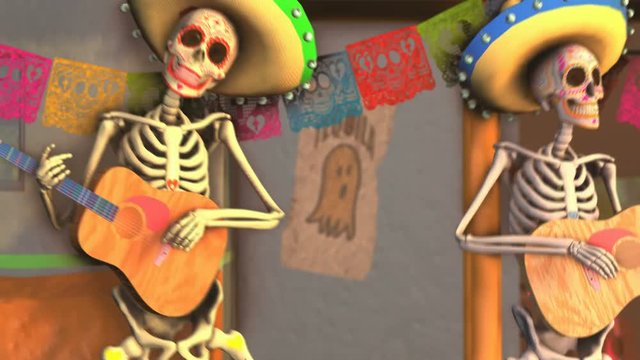 Seamless animation sugar skeletons playing guitar in a tipical mexican village at sunset. Funny Halloween 4K background with decoration for Dia de los muertos