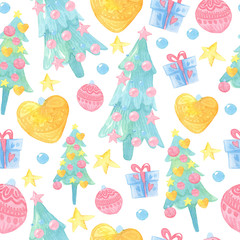 watercolor cartoon illustration. Seamless christmas, new year pattern with dressed up Christmas tree, balls, twigs, gifts, stars
