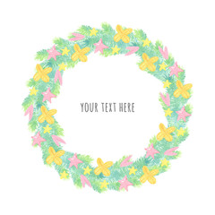 watercolor cartoon illustration. new year frame. Christmas wreath with spruce branches, balls, stars, flowers
