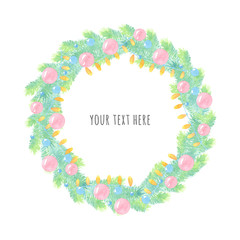watercolor cartoon illustration. new year frame. Christmas wreath with spruce branches, balls, stars, garlands
