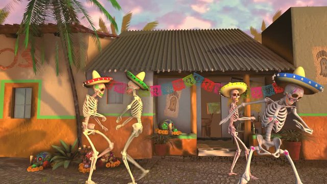Seamless animation sugar skeletons dancing salsa in a tipical mexican village at sunset. Funny Halloween 4K background with decoration for Dia de los muertos