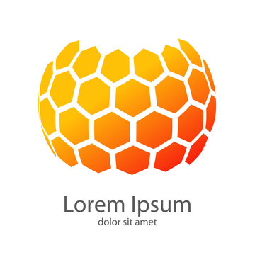 Logotipo honey. Colmena de hex&aacute;gonos en esfera en color naranja