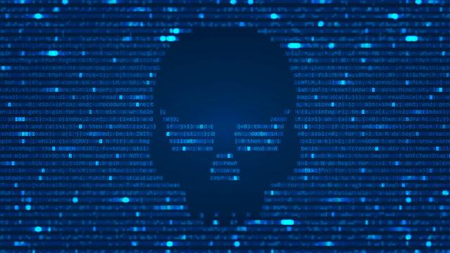 ASCII Art background with hacker skull. Data backdrop with Blur Effect, program computer code. Vector Illustration with concept of Hacking. Banner with Ddos-attack, Spam and Computer Virus Concept.