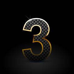 Black carbon fiber number 3 with gold outline isolated on black background