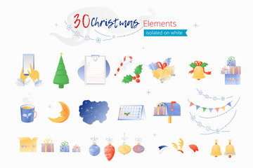 Vector illustration of bright Christmas elements isolated on white backgrounds. New Year objects for cards, invitations, banners, decorations, and more holidays purposes.