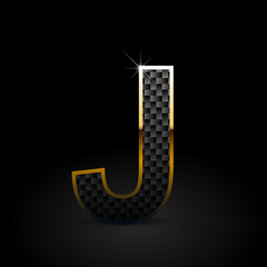 Black carbon fiber letter J uppercase with gold outline isolated on black background