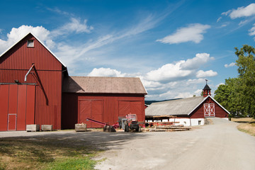 backyard of red farm buildings under blue sky, Hamar, Hedmark, Norway