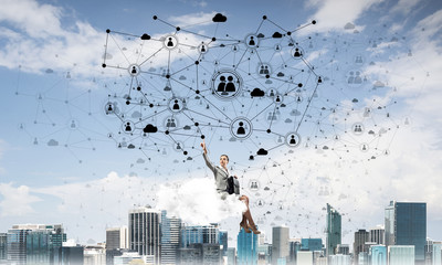Elegant lady boss or accountant float on cloud and networking co