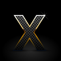 Black carbon fiber letter X uppercase with gold outline isolated on black background