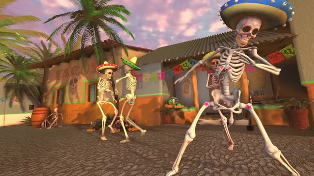 Seamless animation sugar skeletons dancing salsa in a tipical mexican village at sunset. Funny Halloween 4K background with decoration for Dia de los muertos