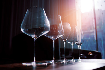 empty glasses wine in restaurant, glass water, campaign glass