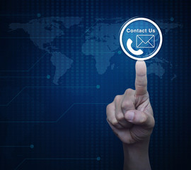 Hand pressing telephone and email icon button over digital world map technology style, Business contact us concept, Elements of this image furnished by NASA