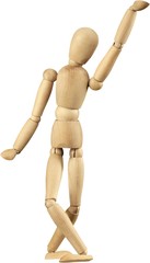 Miniature wooden mannequin with one arm in the air