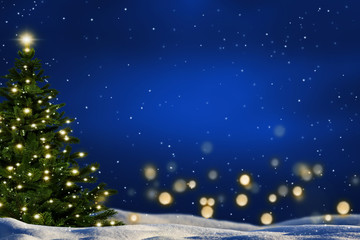 weihnachtsbaum in winterlandschaft, heiligabend hintergrund mit textfreiraum
