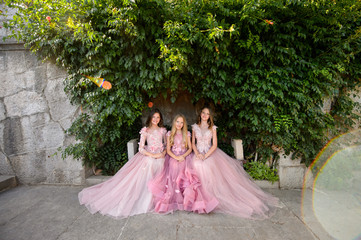 Beautiful girls in amazing dress outdoor. Children bridesmaids