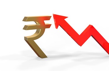 Increase in Rupee value concept, golden rupee sign with a rising arrow, 3d illustration