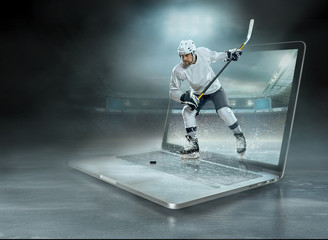 Caucasian ice hockey Players in dynamic action in a professional