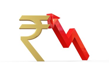 Increase in Rupee value concept, golden rupee sign with a rising arrow, 3d illustration