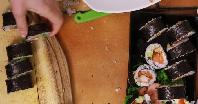 Timelapse of cutting sushi