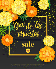 Festive flyer of Day of the Dead sale. Dark background with yellow marigold and golden confetti. Vector illustration for seasonal discount offer.