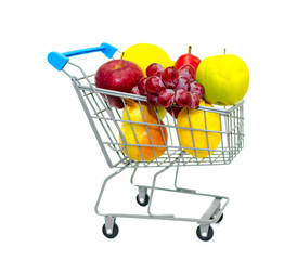 Mini shopping cart filled with variety of fruits