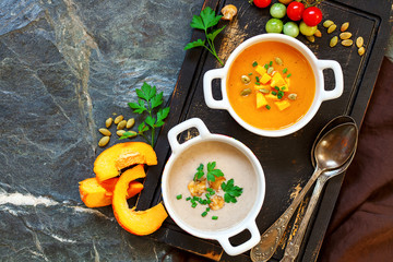 Concept of healthy vegetable and legume soups.