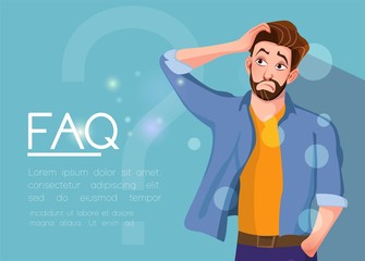 Young man standing near big question symbol and he needs to ask help or advice via live chat, help desk or faq. Flat concept vector illustration of online support on blue background