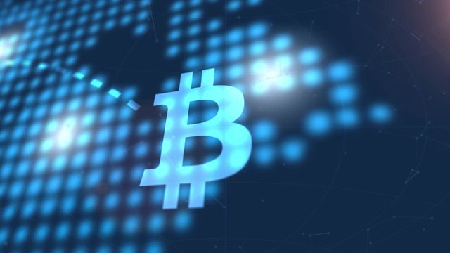 bitcoin cryptocurrency icon animation blue digital world map technology background